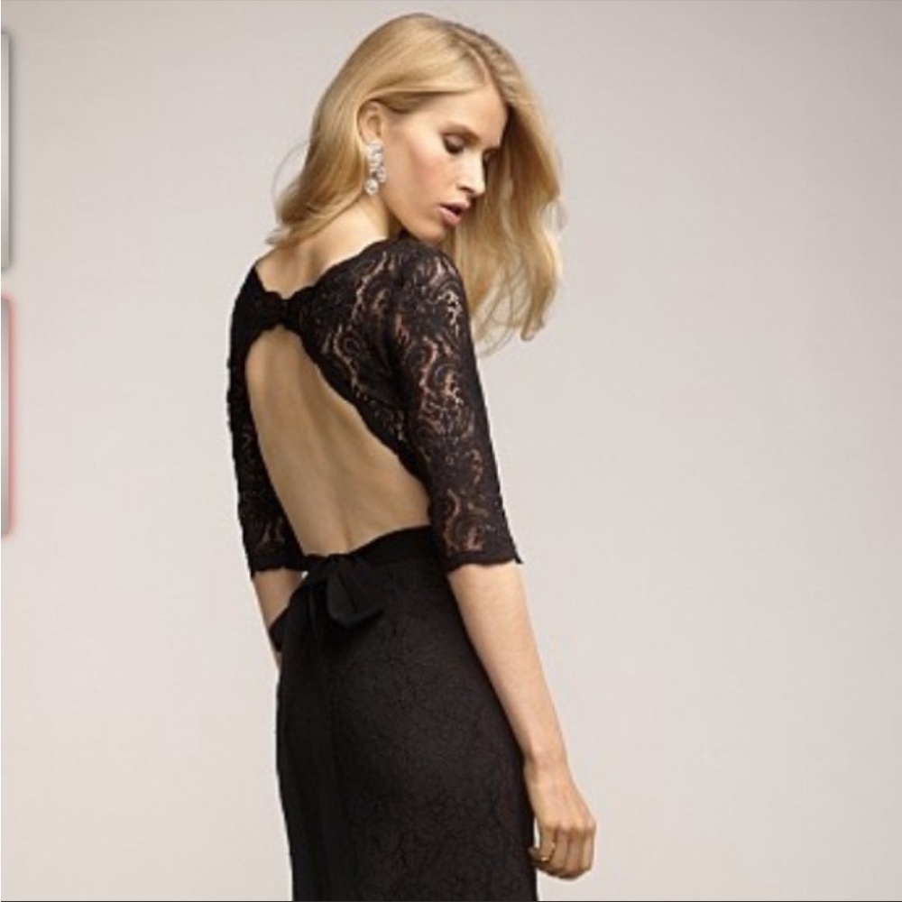 Watters Black Open-Back 3/4 Sleeve Lace Fit & Flare Gown